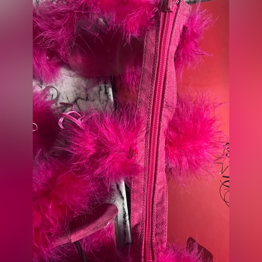 Adore-728F Hot Pink Marabou Fluffy Fur Stripper Pole Dance Heels Gladiator Shoes - Picture 7 of 14